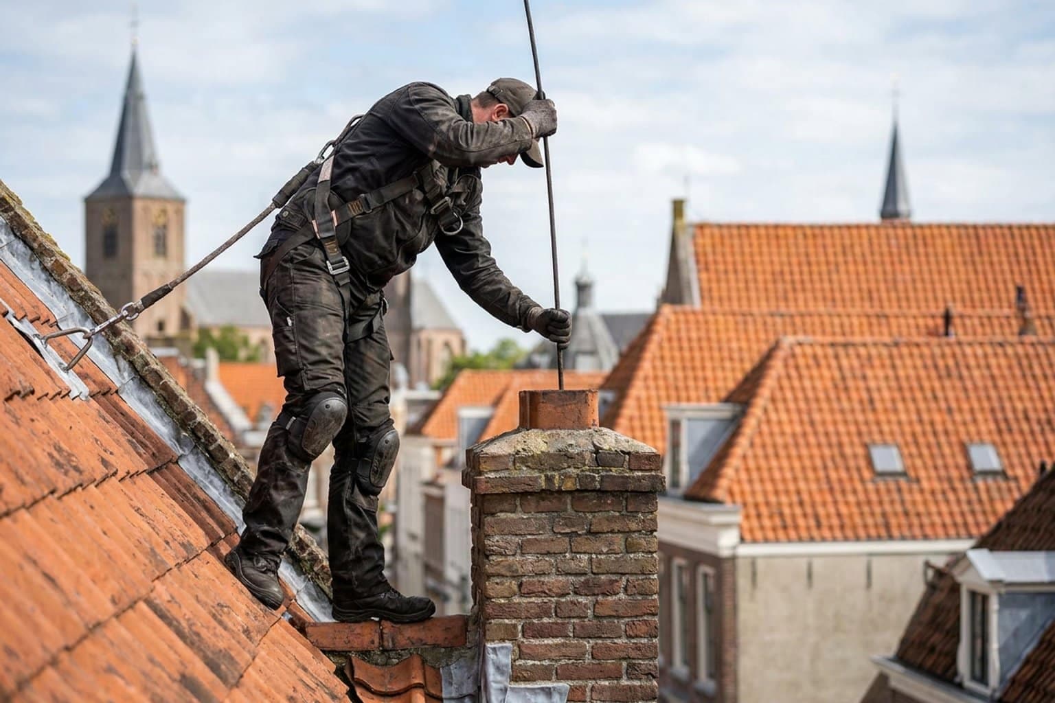 Schoorsteenveger aan het werk