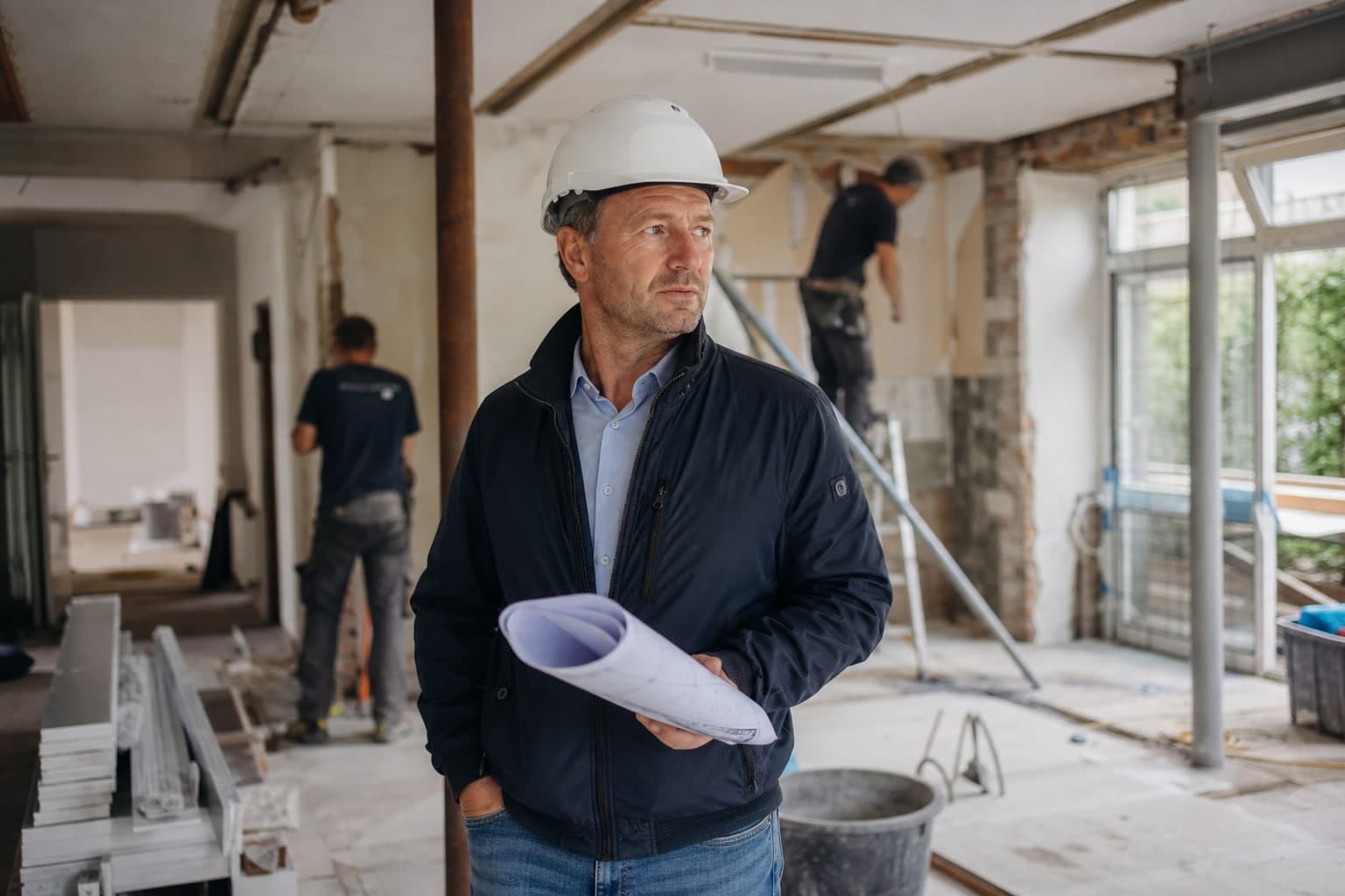 Vakman controleert bouwtekening op de werkplek