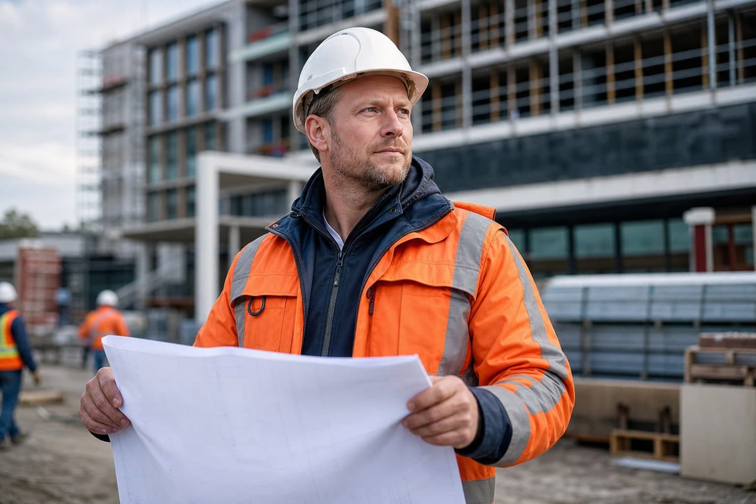 Vakmensen overleggen samen op de bouwplaats