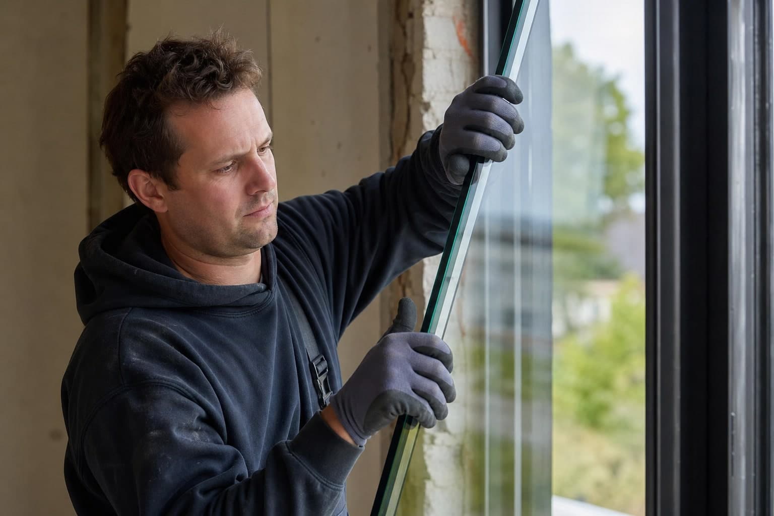 Glaszetter aan het werk