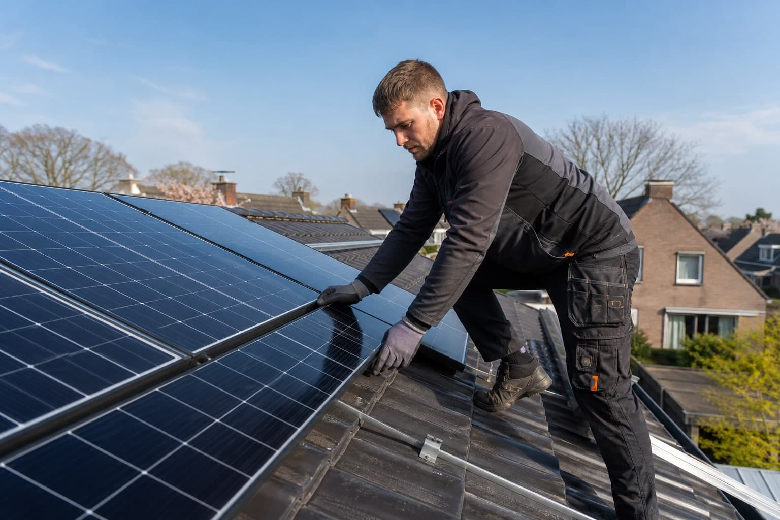 Zonnepanelen installateur aan het werk