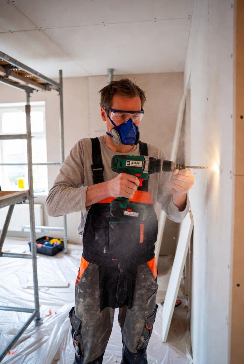 Vakman aan het werk met boormachine en stofmasker