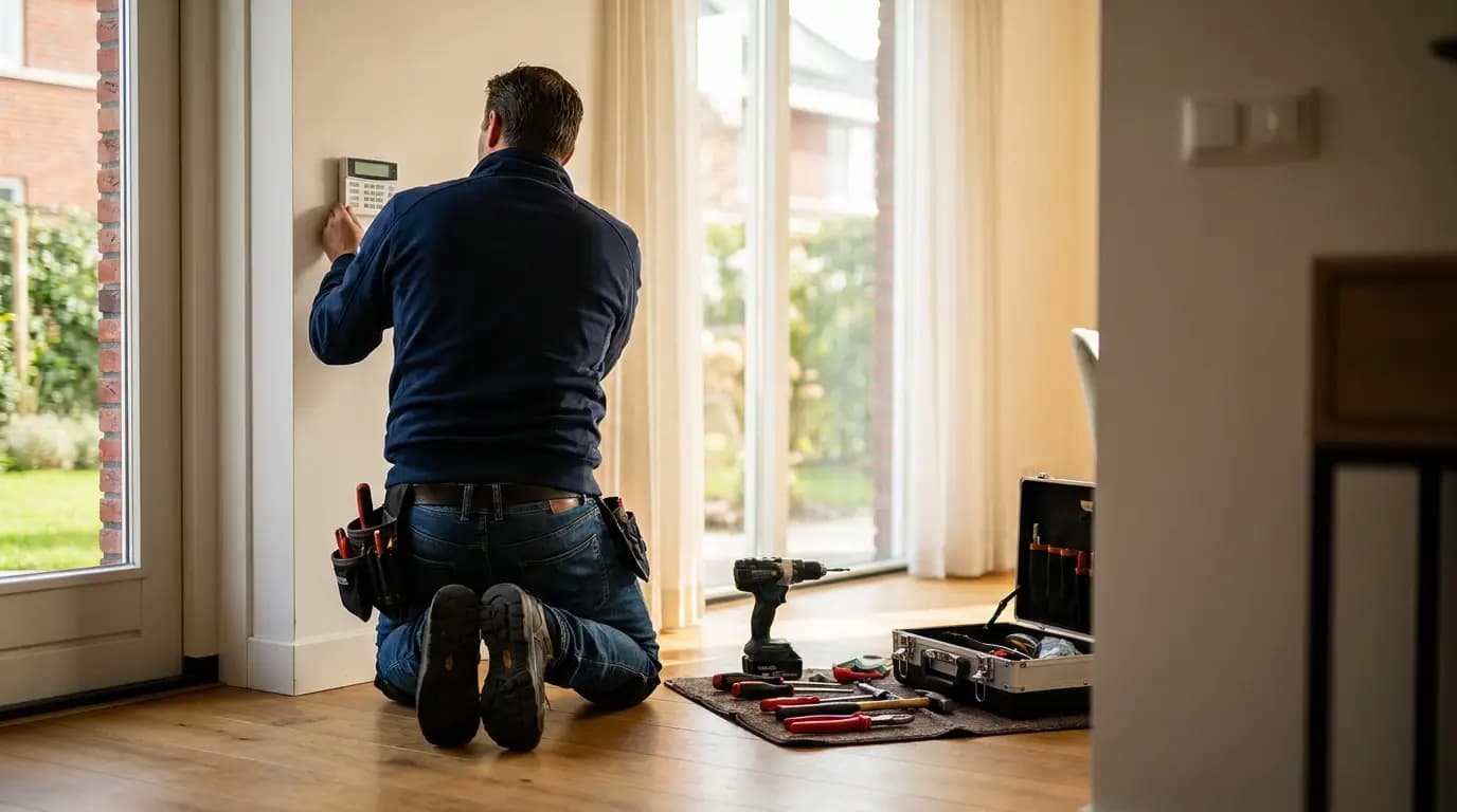 Vakman bezig met alarmsysteem installeren of vervangen in een Nederlandse woning