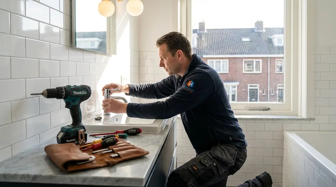 Vakman bezig met badkamer verbouwen of renoveren in een Nederlandse woning