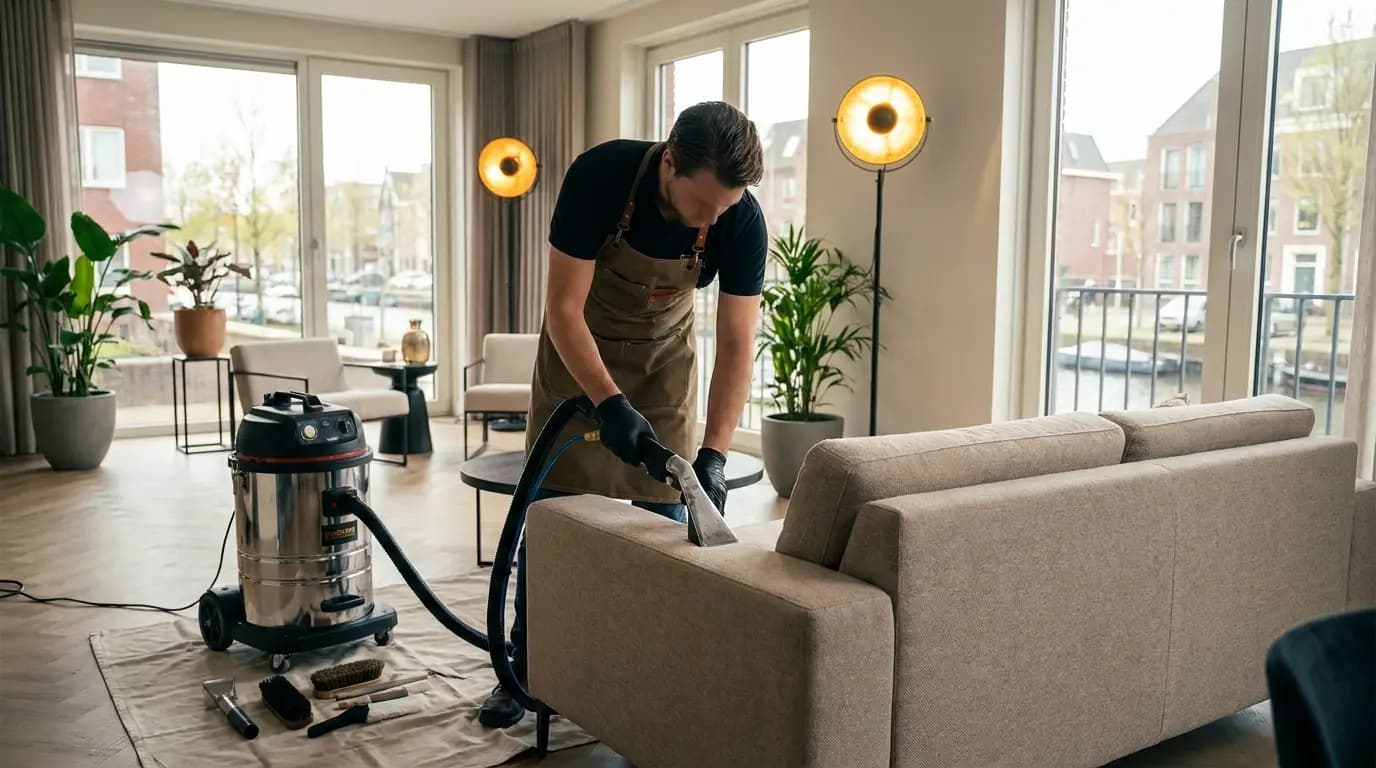 Vakman bezig met bank of meubelstoffering reinigen in een Nederlandse woning