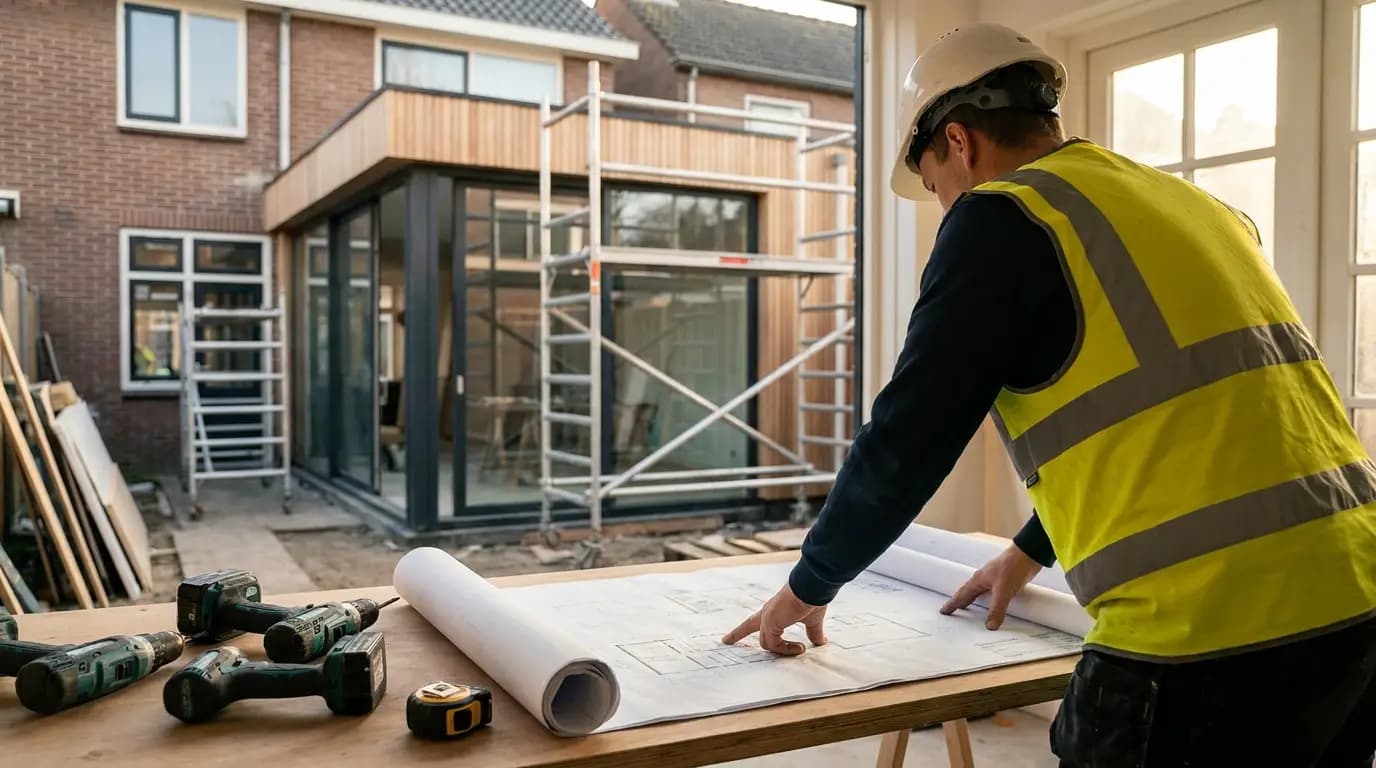 Vakman bezig met het plaatsen van een aanbouw in een Nederlandse woning