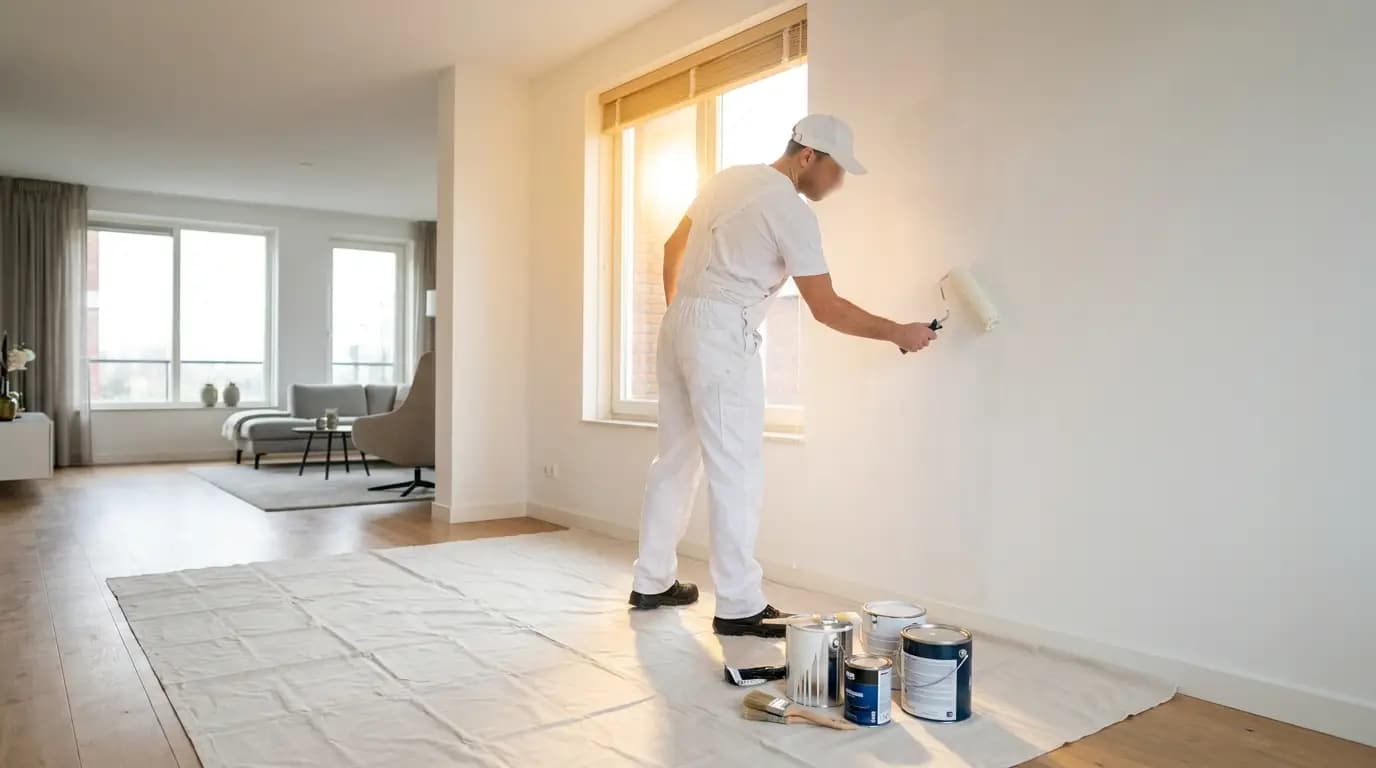 Vakman bezig met behang van professionele kwaliteit aanbrengen in een Nederlandse woning
