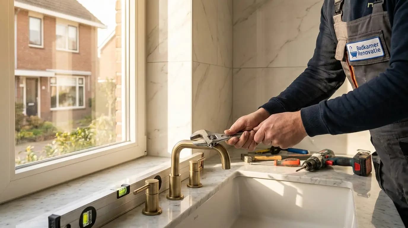 Vakman bezig met badkamer renovatie (compleet) in een Nederlandse woning