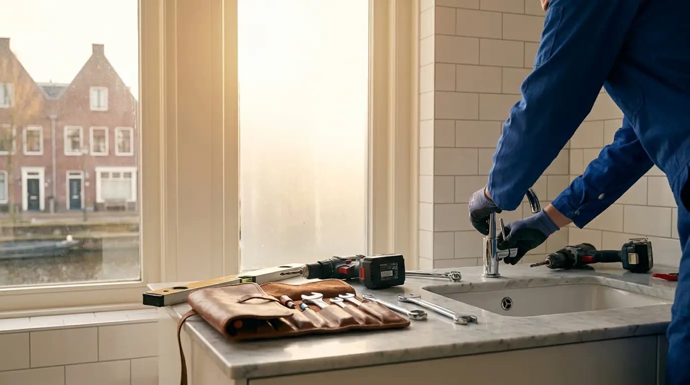 Vakman bezig met badkamer accessoires plaatsen in een Nederlandse woning