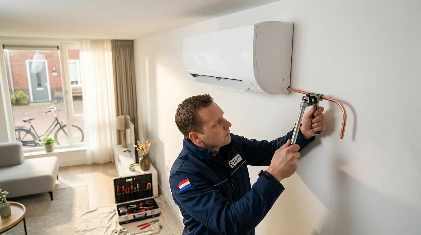 Vakman bezig met airco installeren of vervangen in een Nederlandse woning