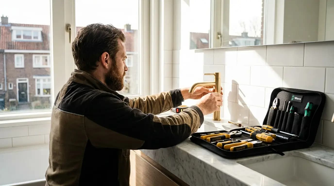Vakman bezig met badkamer plaatsen of renoveren in een Nederlandse woning
