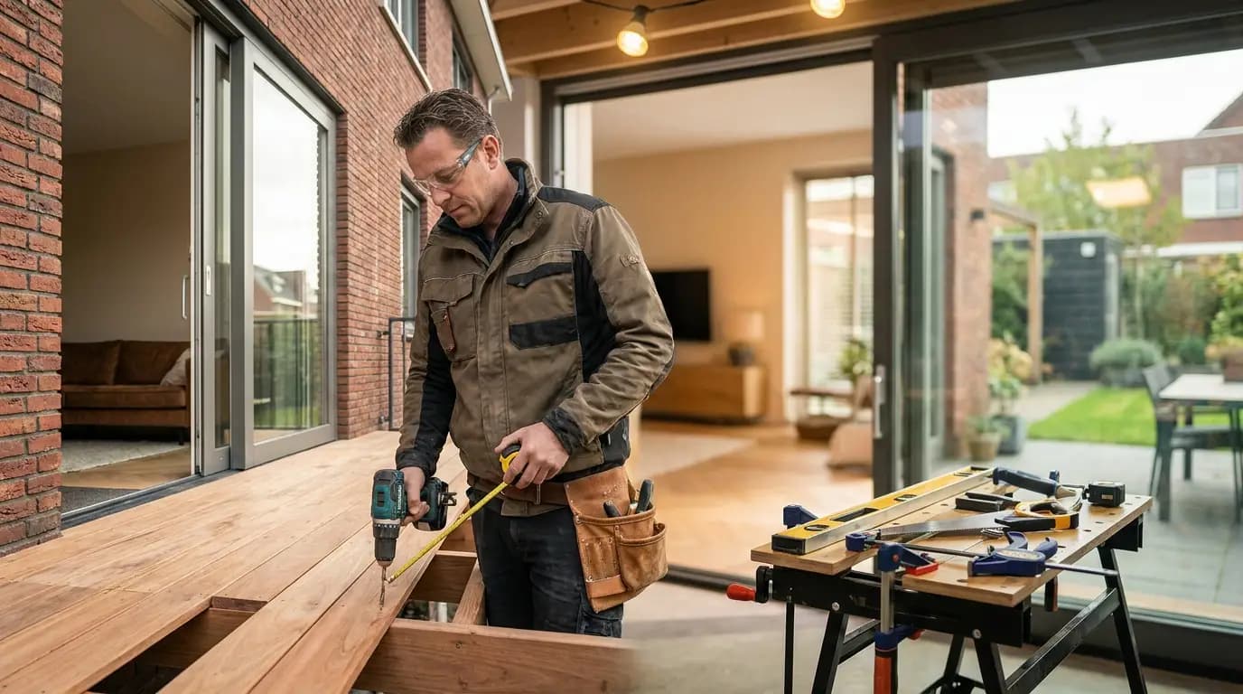 Vakman bezig met balkon bouwen aan een Nederlandse woning