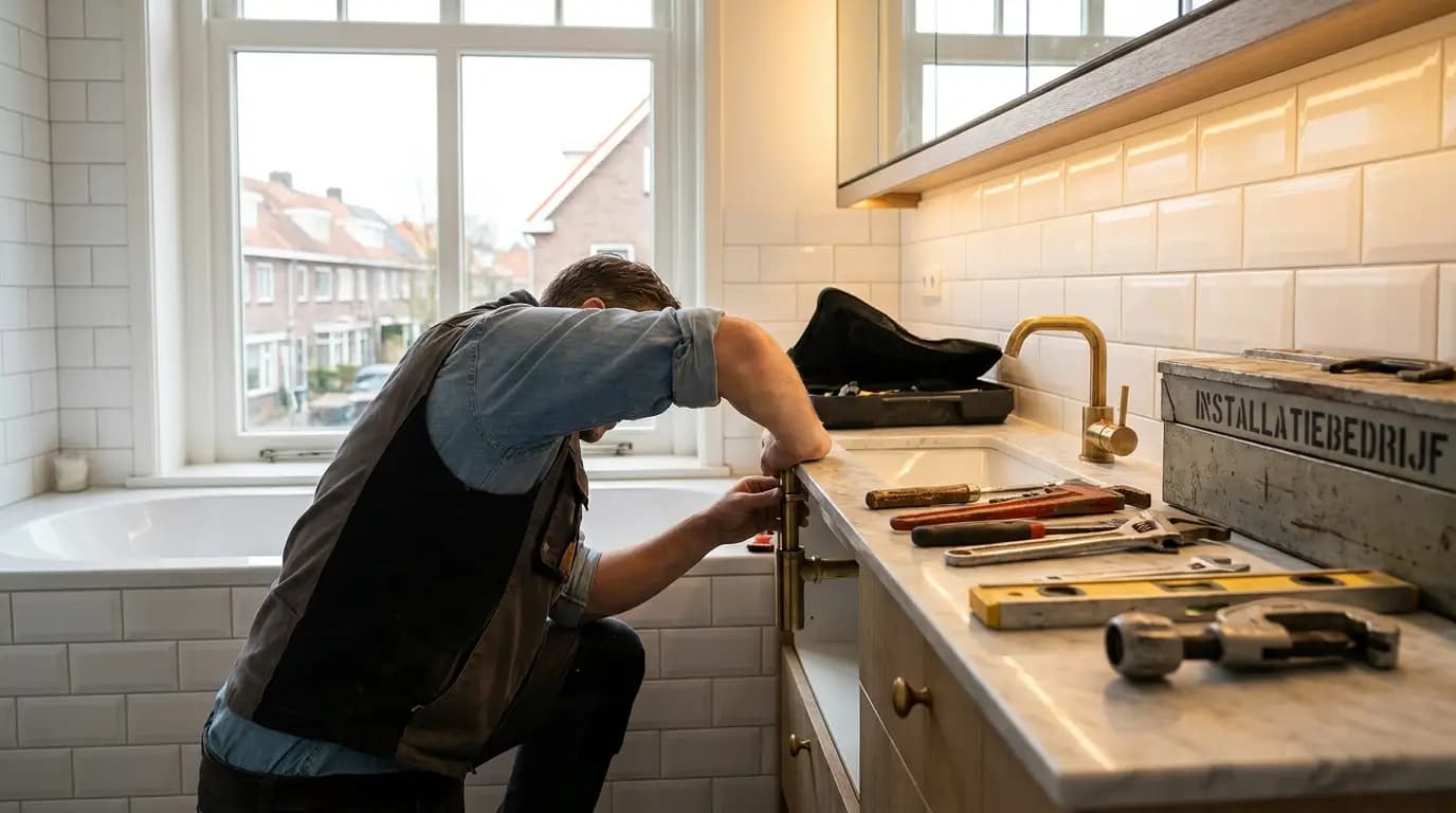 Vakman bezig met badkamer en toilet verbouwen in een Nederlandse woning