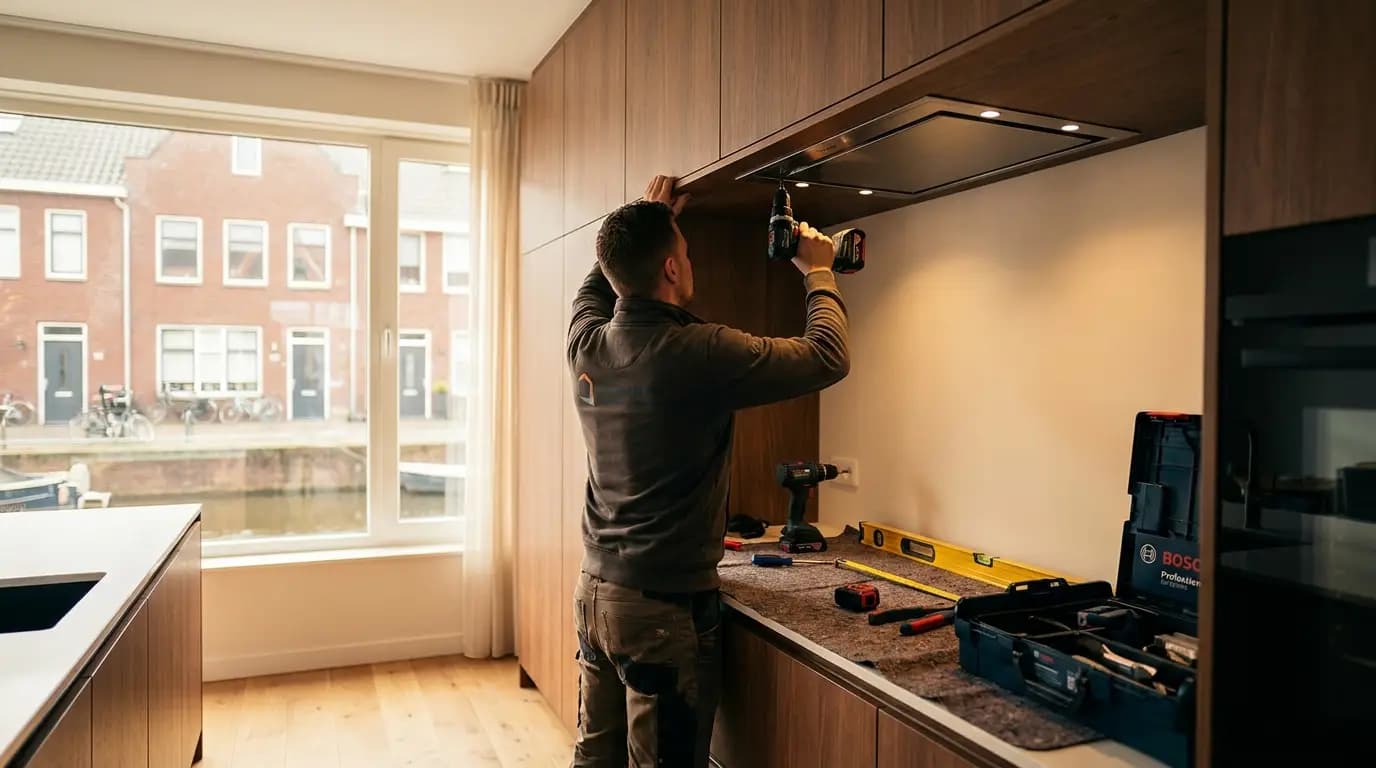 Vakman bezig met afzuigkap installeren of vervangen in een Nederlandse woning