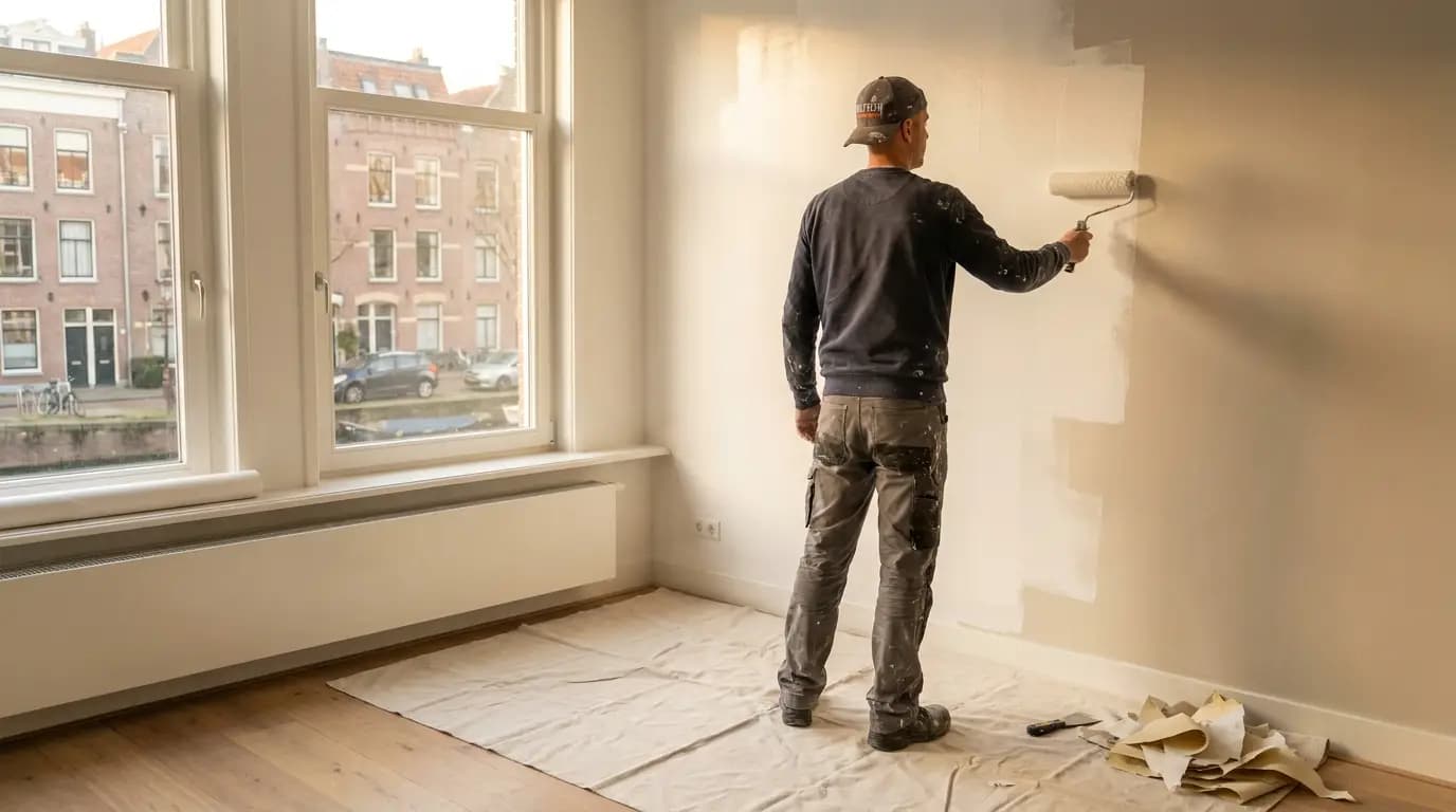 Vakman bezig met behang verwijderen in een Nederlandse woning