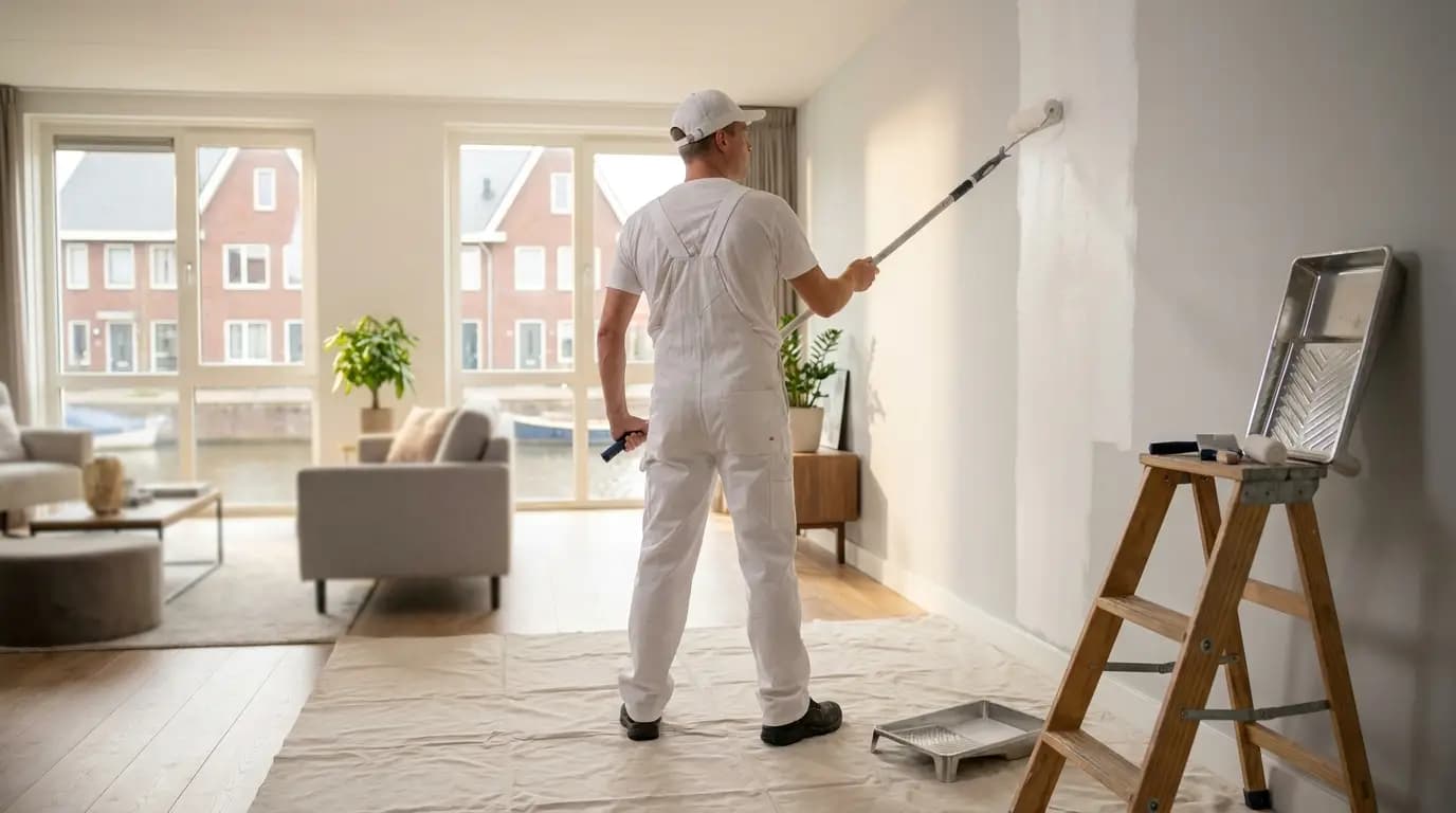 Vakman bezig met behangen van een kamer in een Nederlandse woning