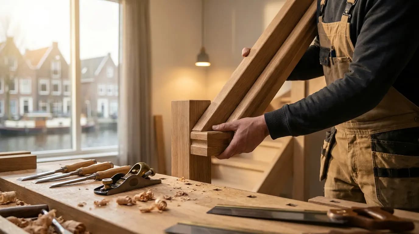 Timmerman plaatst een houten trap in een Nederlandse woning