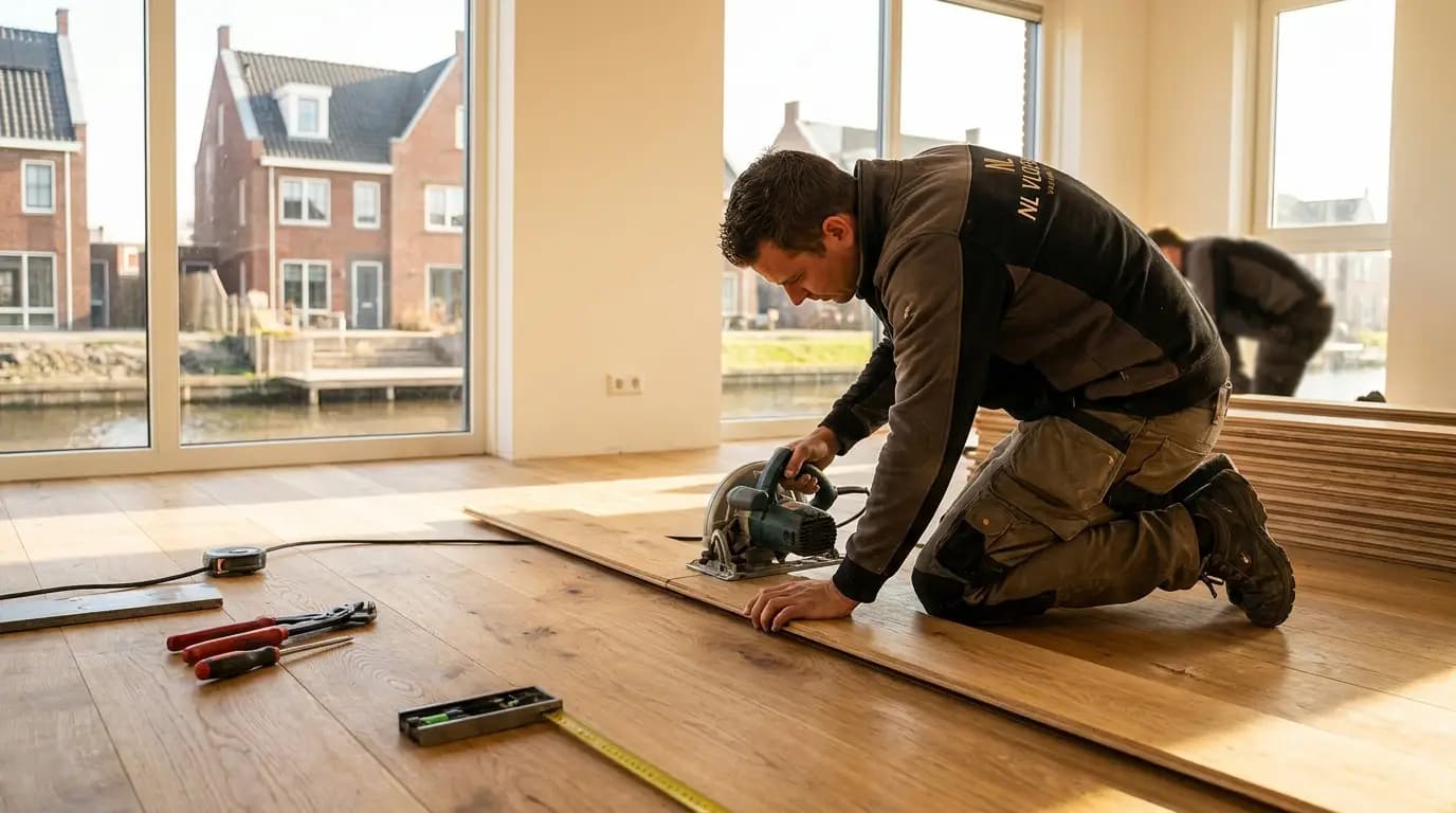 Vakman bezig met betonnen vloer aanbrengen in een Nederlandse woning