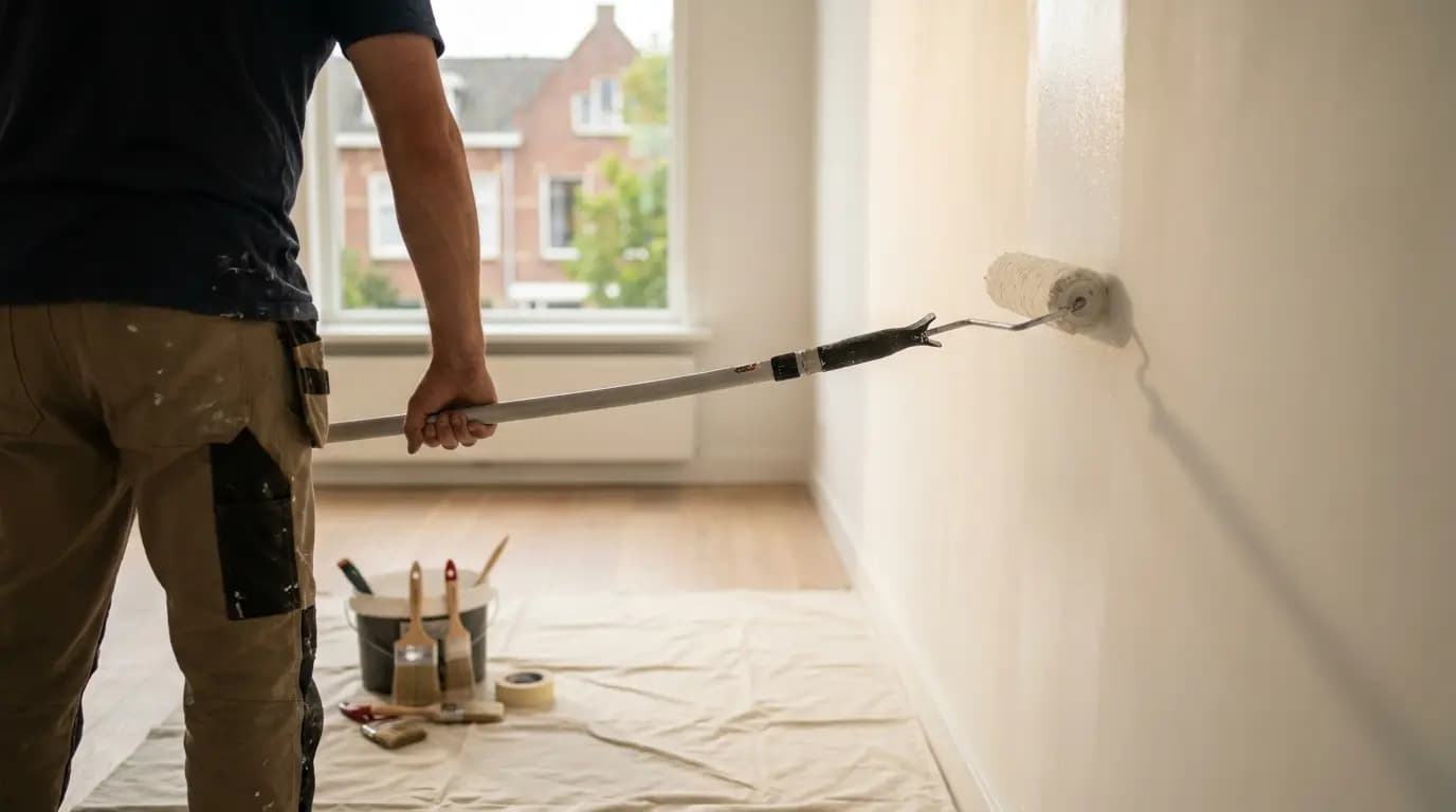 Vakman bezig met binnenschilderwerk in een Nederlandse woning