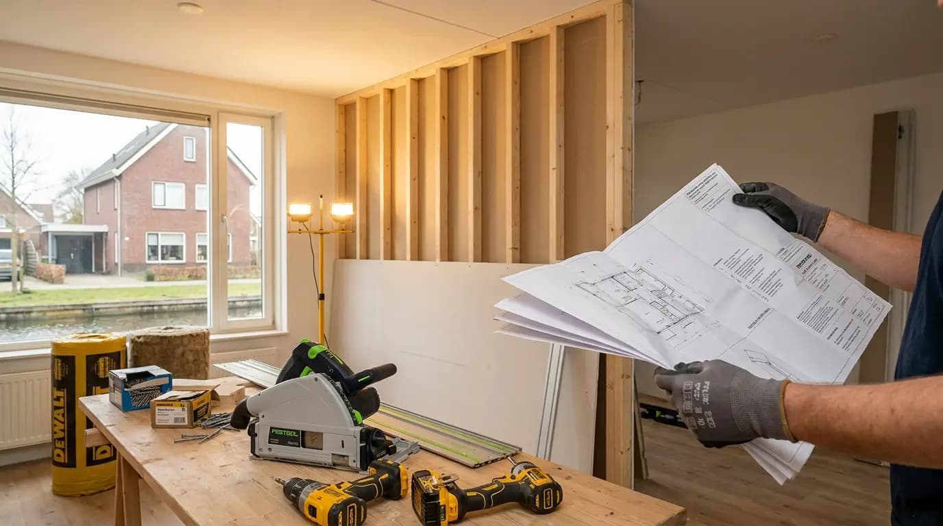 Vakman bezig met het plaatsen van een binnenwand in een Nederlandse woning