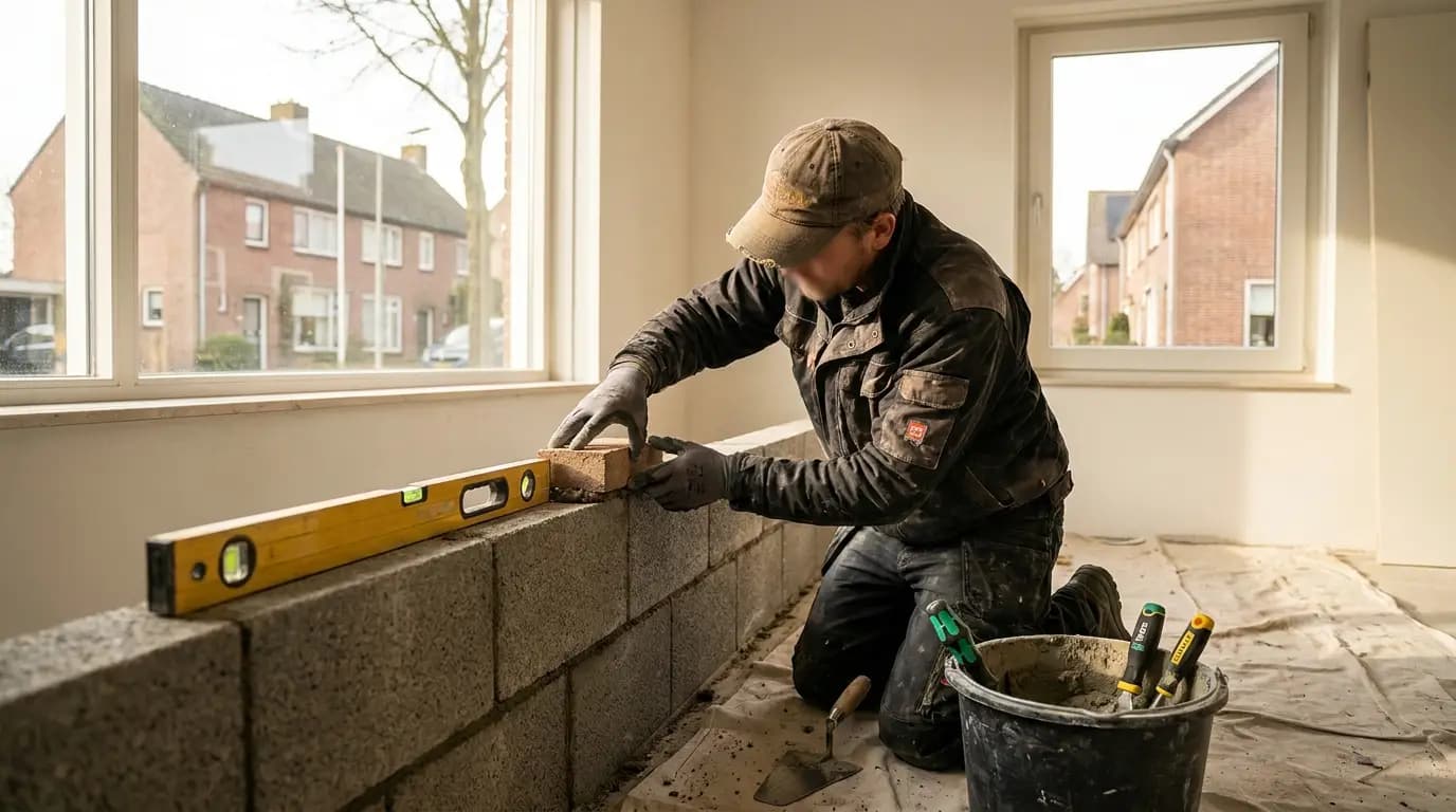 Vakman bezig met binnenmuur metselen in een Nederlandse woning