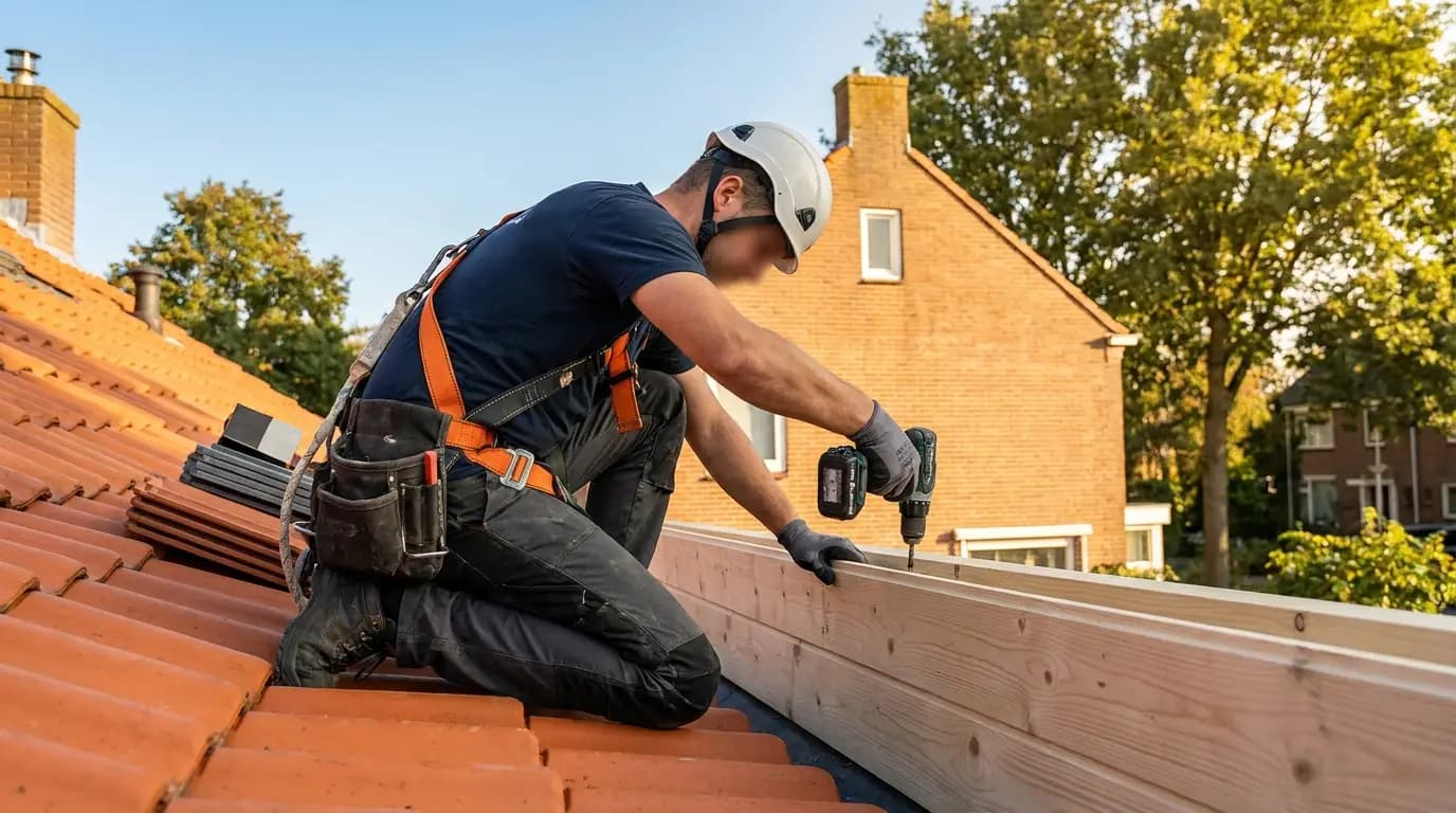 Vakman bezig met boeiboord / boeidelen vervangen aan een Nederlandse woning