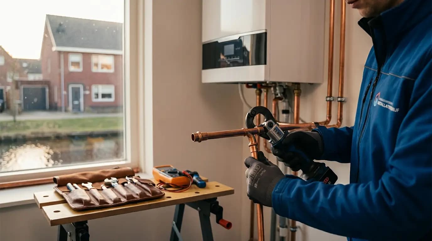 Vakman bezig met boiler plaatsen of vervangen in een Nederlandse woning