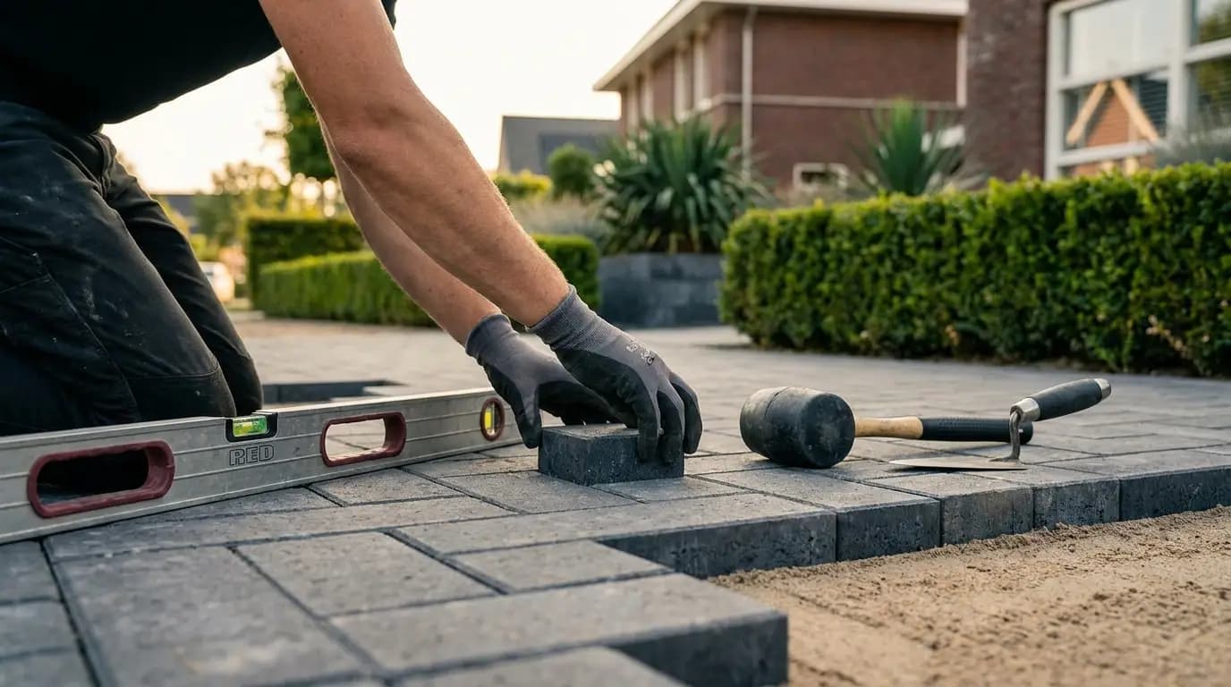 Vakman bezig met bestrating aanleggen in een Nederlandse tuin