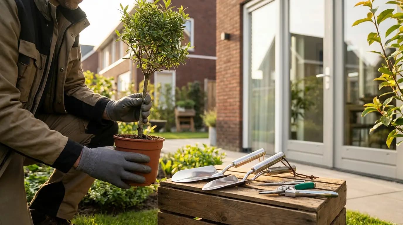 Vakman bezig met bomen of struiken planten in een Nederlandse tuin