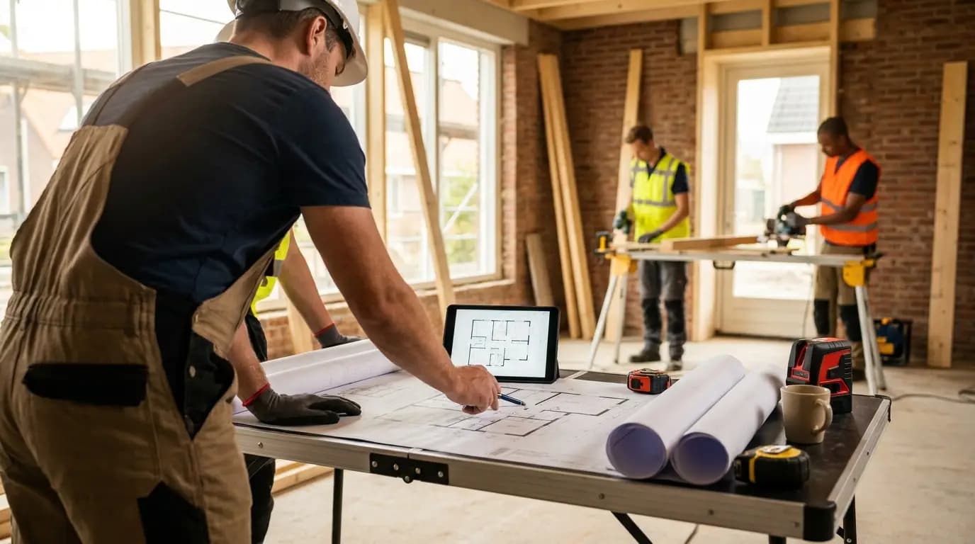 Vakman bezig met bouw- en constructietekening in een Nederlandse woning