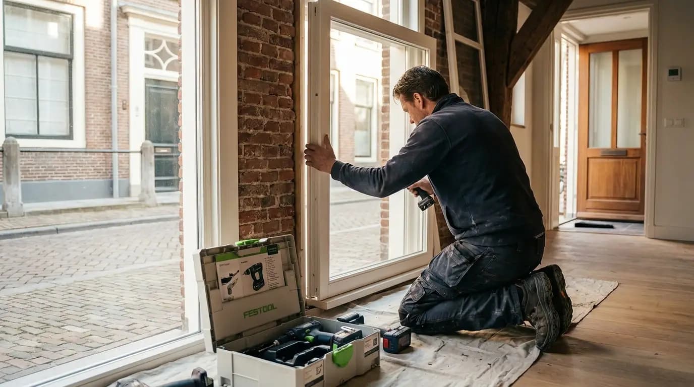 Vakman bezig met buitendeuren repareren in een Nederlandse woning