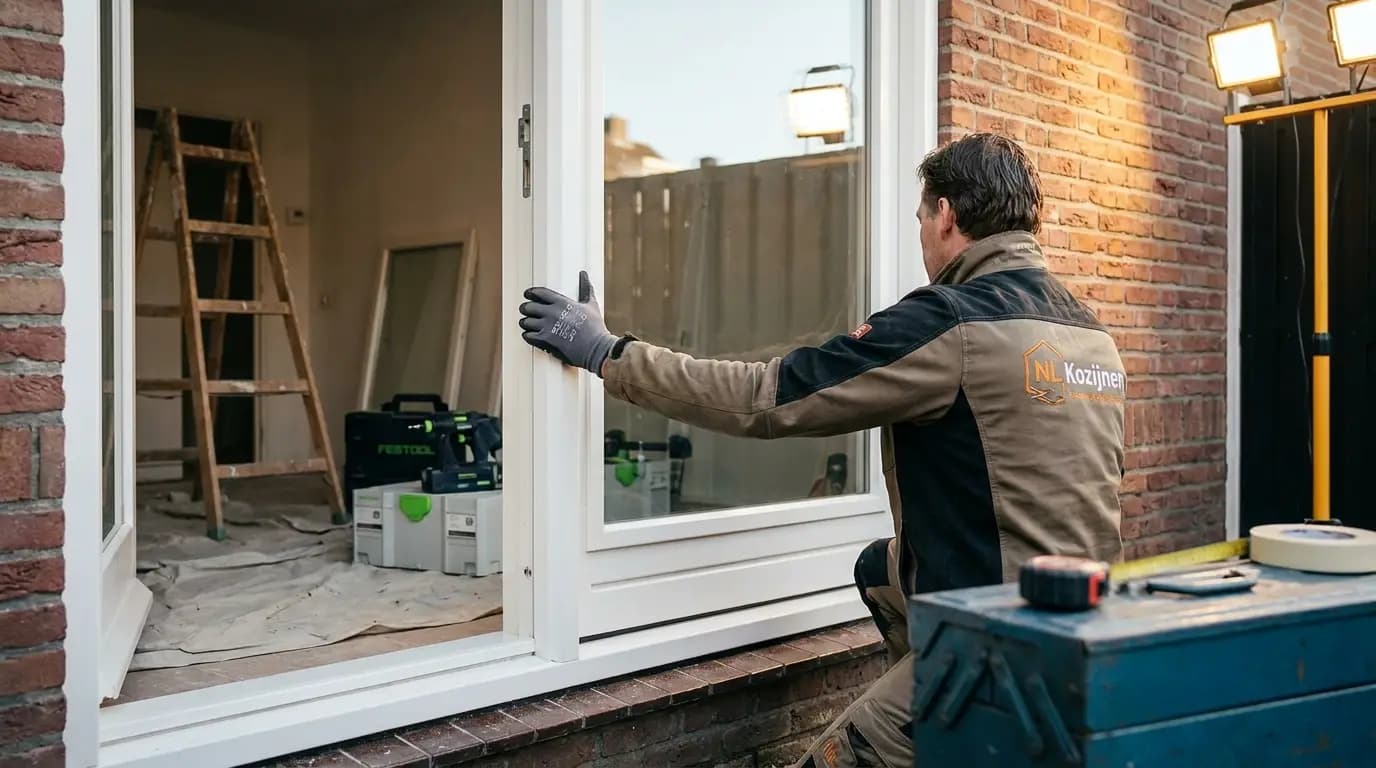 Vakman bezig met buitengesloten of inbraakschade in een Nederlandse woning