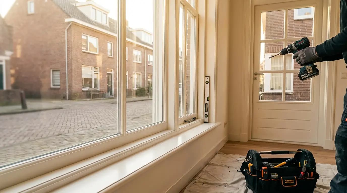 Vakman bezig met buitendeur of verstevigde deur plaatsen of vervangen in een Nederlandse woning