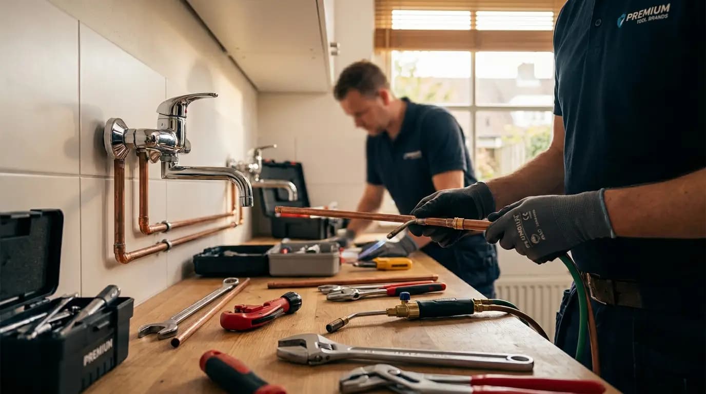 Vakman bezig met buitenkraan of tuinwaterleiding aanleggen in een Nederlandse woning