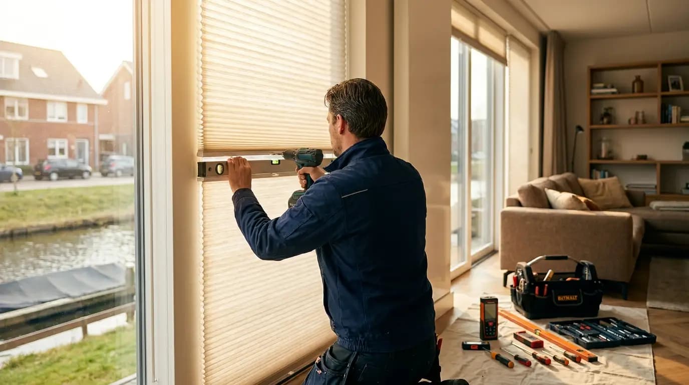 Vakman bezig met binnenzonwering plaatsen of vervangen in een Nederlandse woning