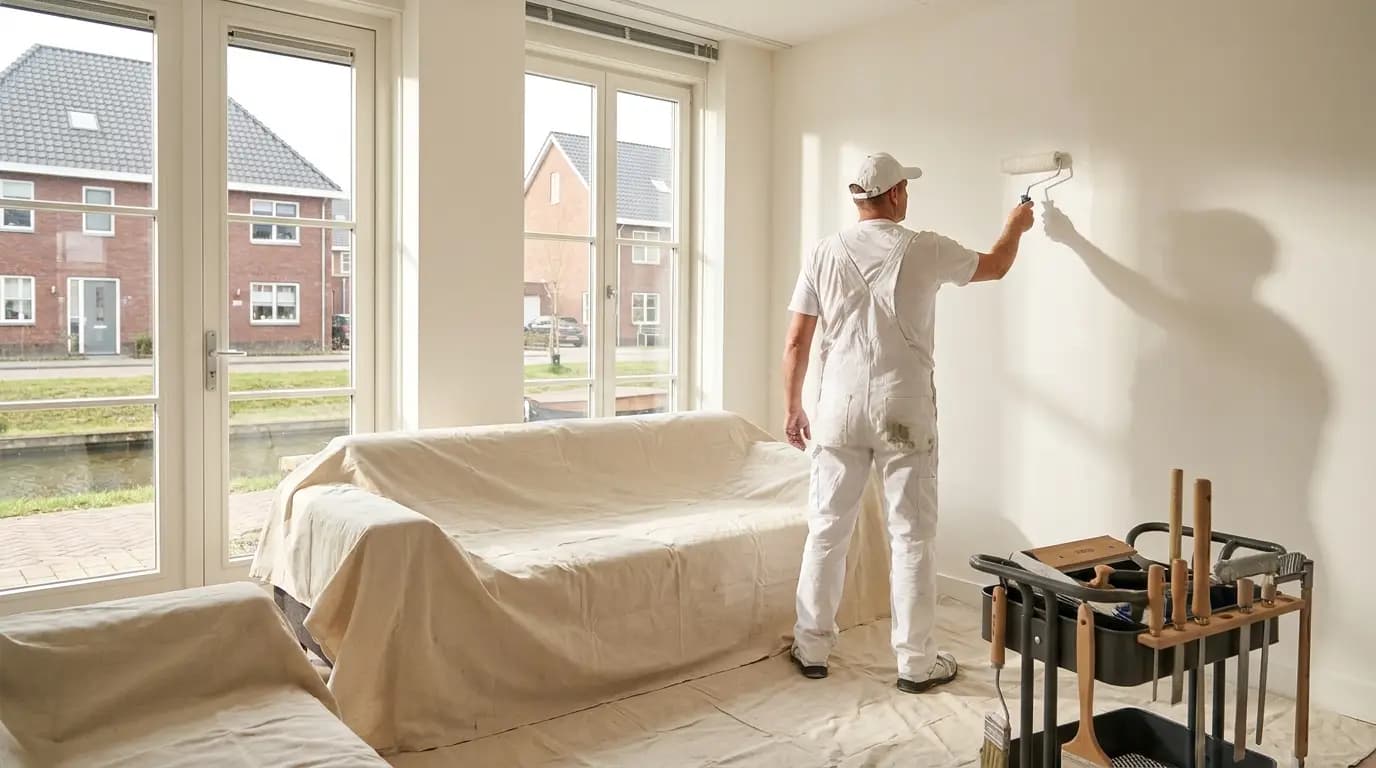 Vakman bezig met buitenschilderwerk aan kozijnen van een Nederlandse woning