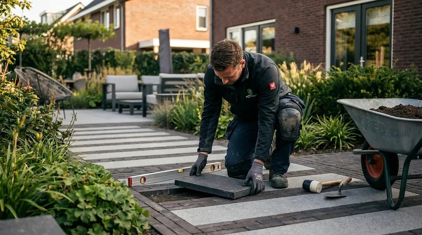 Vakman bezig met het aanleggen van een buitentrap in een Nederlandse woning