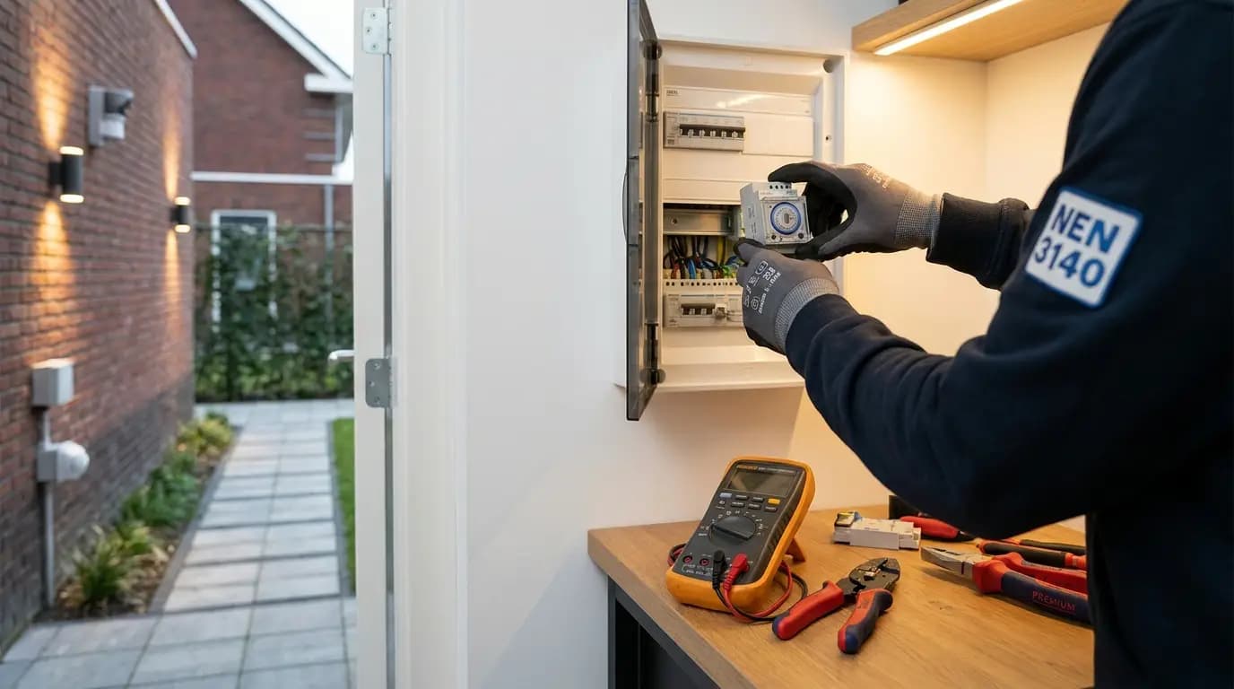 Vakman bezig met buitenverlichting met sensor of timer in een Nederlandse woning