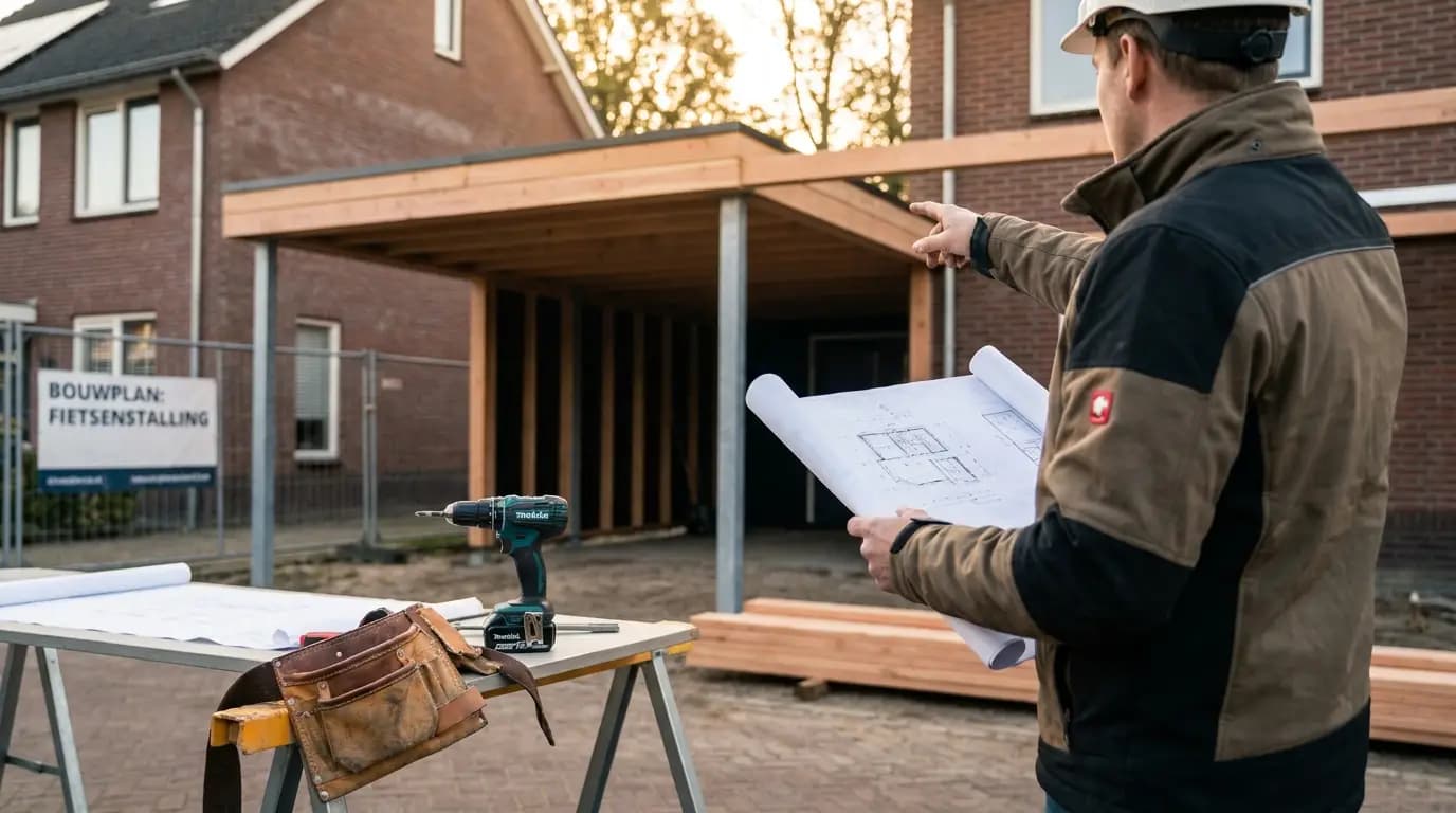Vakman bezig met carport of fietsenstalling bouwen in een Nederlandse woning