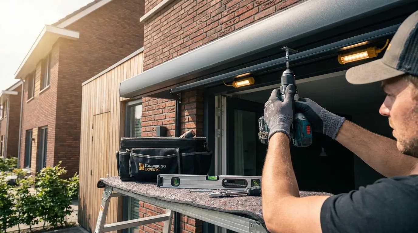 Vakman bezig met buitenzonwering of zonnescherm plaatsen in een Nederlandse woning
