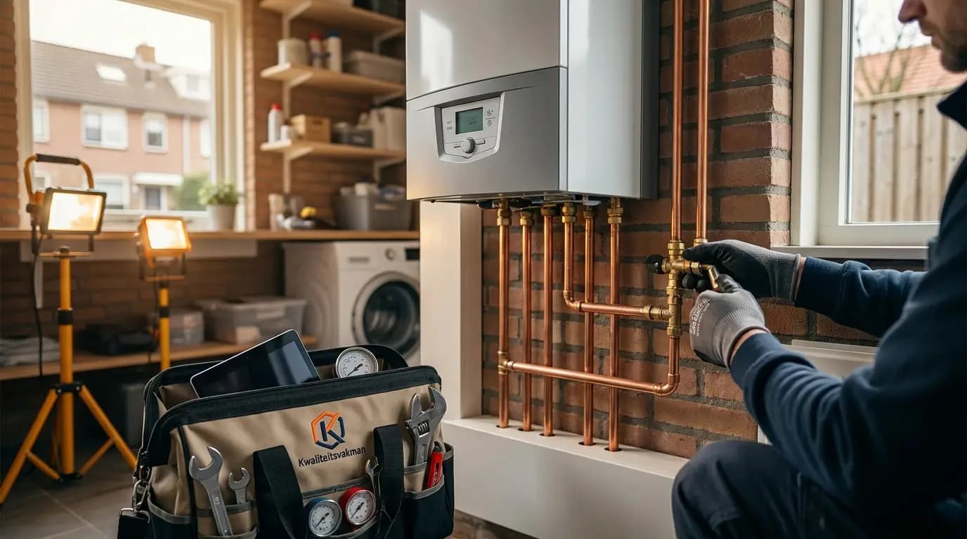 Vakman bezig met CV ketel repareren of onderhouden in een Nederlandse woning