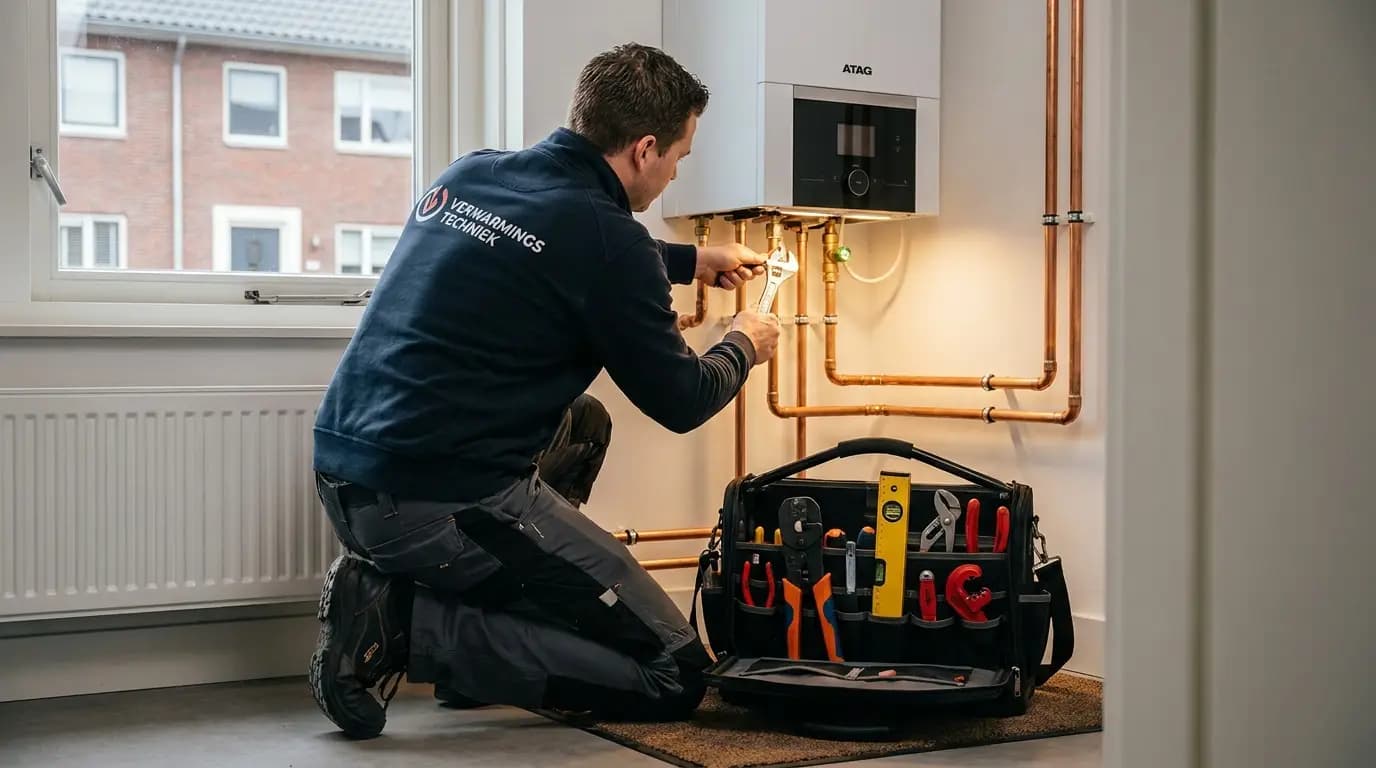 Vakman bezig met CV-ketel installeren of vervangen in een Nederlandse woning