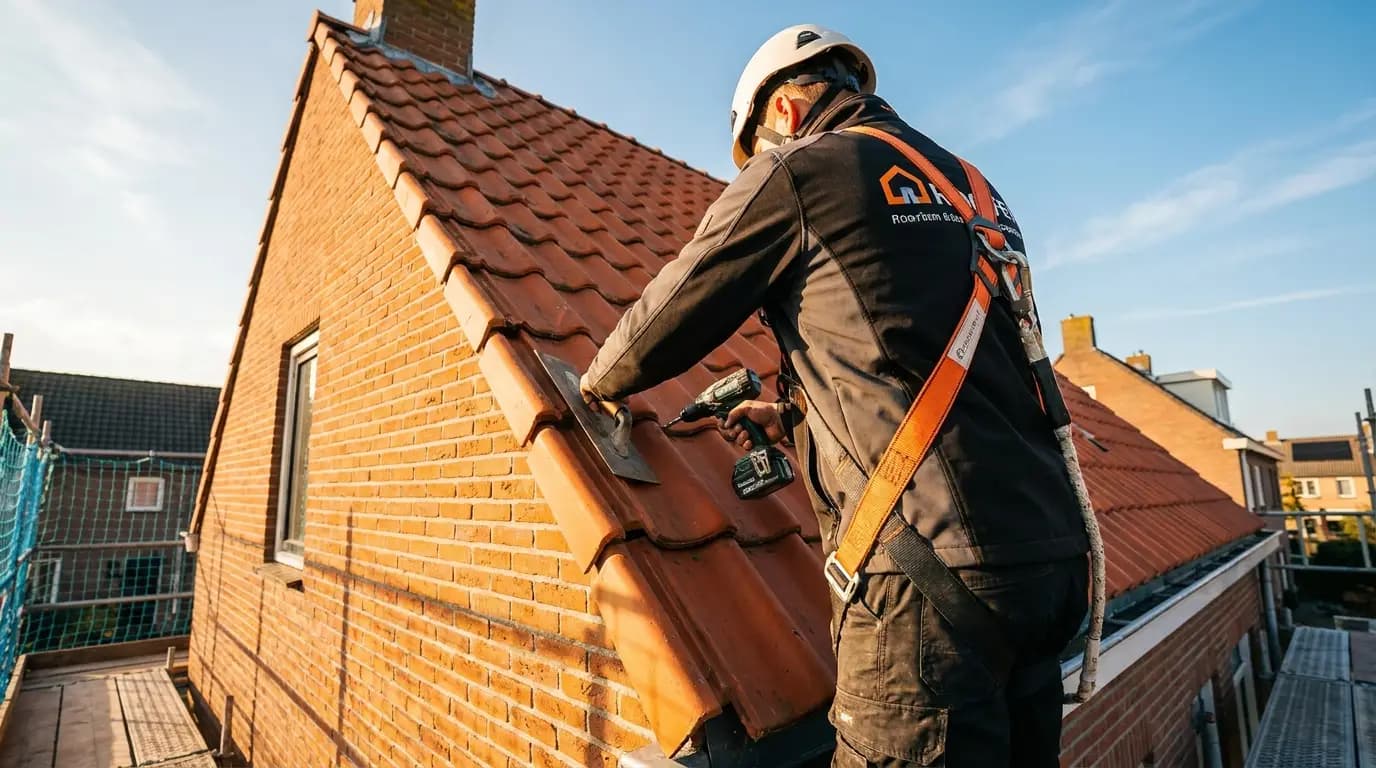 Vakman bezig met dakconstructie plaatsen of vervangen in een Nederlandse woning