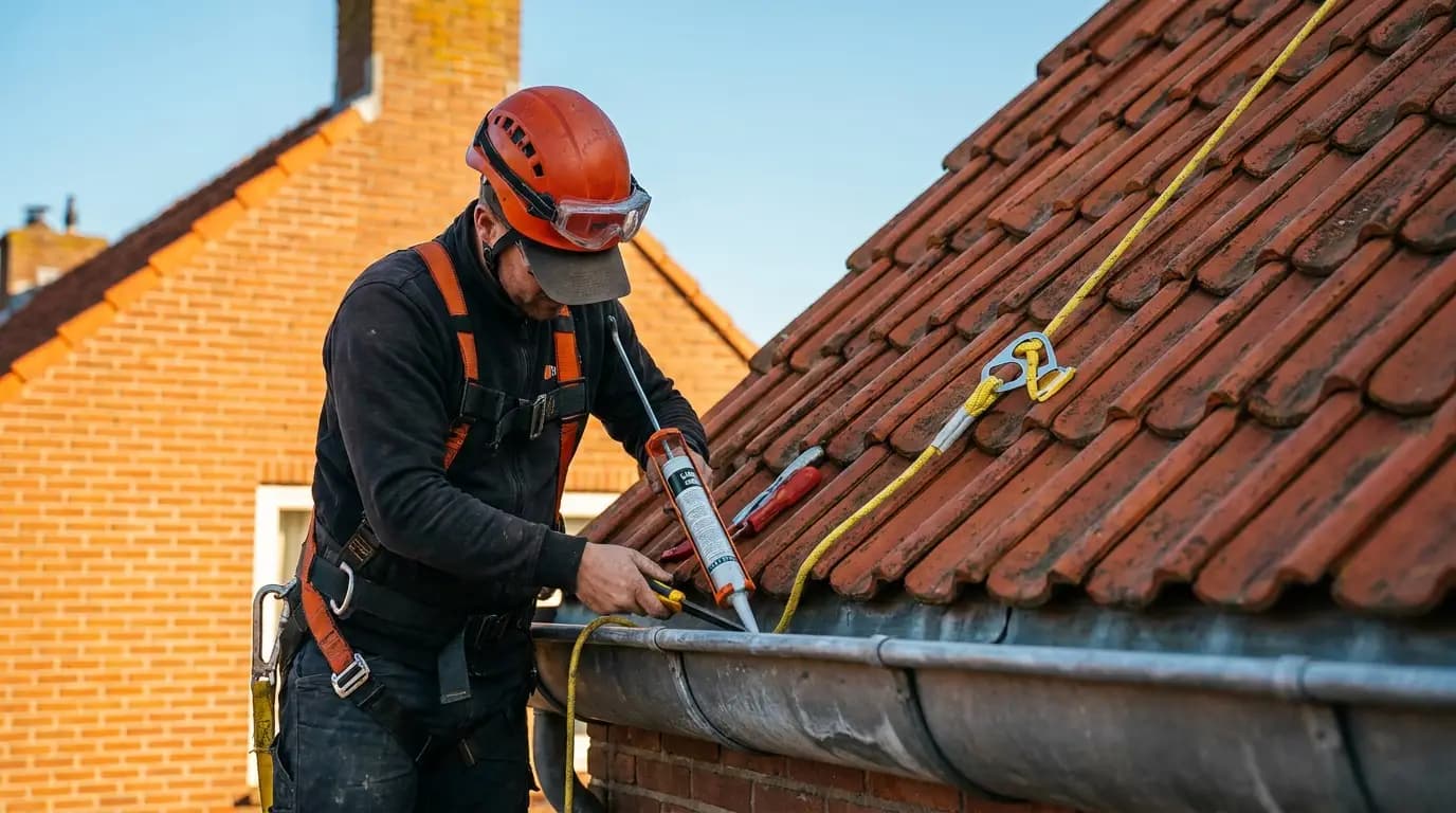 Vakman bezig met dak en dakgoot reparatie aan een Nederlandse woning