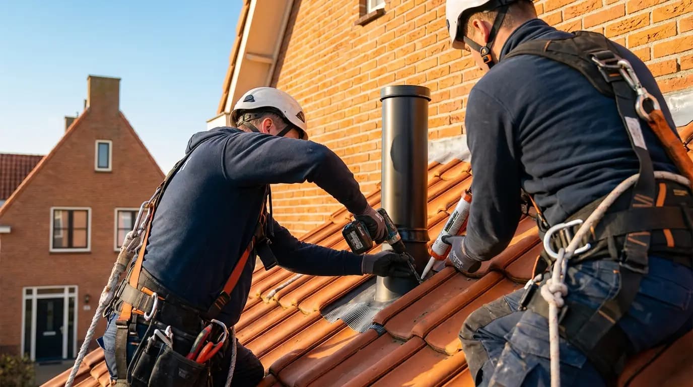 Vakman bezig met dakdoorvoer maken op een Nederlands woonhuis