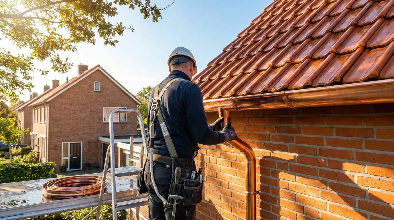 Vakman bezig met dakgoten en regenpijp plaatsen of vervangen in een Nederlandse woning