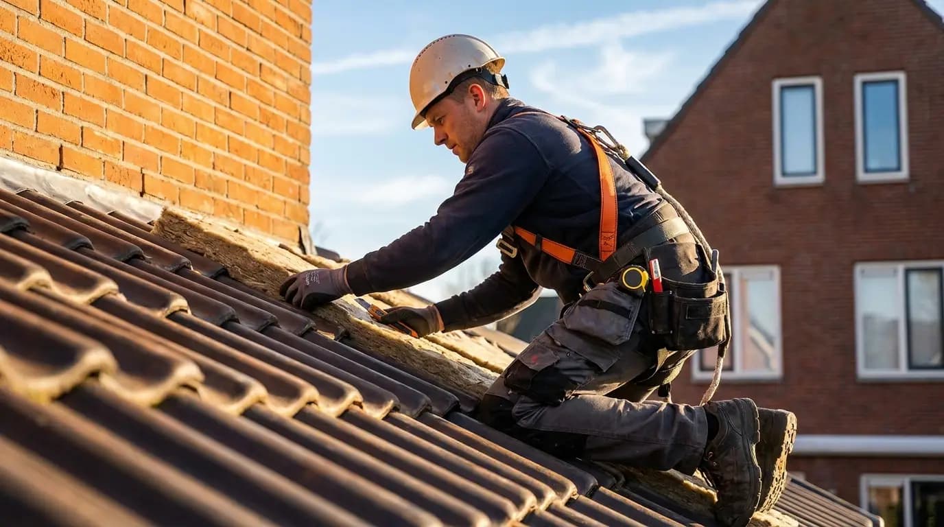 Vakman bezig met dakisolatie op een Nederlands woonhuis