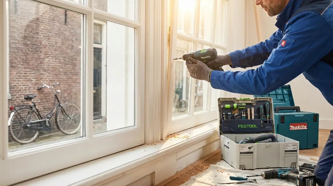 Vakman bezig met deuren repareren in een Nederlandse woning