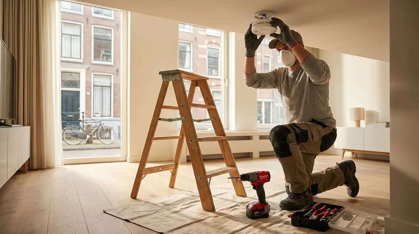 Vakman bezig met CO-melder of rookmelder plaatsen in een Nederlandse woning