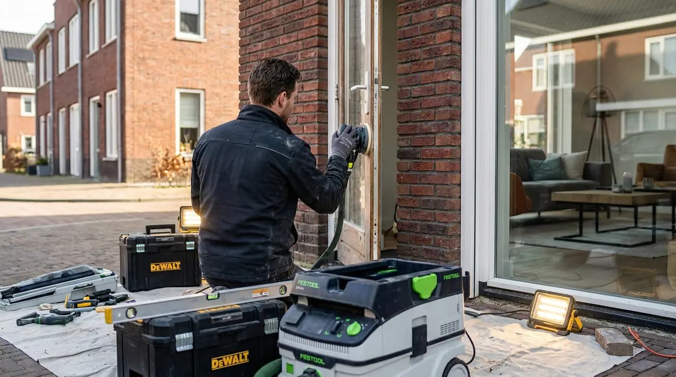 Vakman bezig met gevel reparatie of behandeling in een Nederlandse woning
